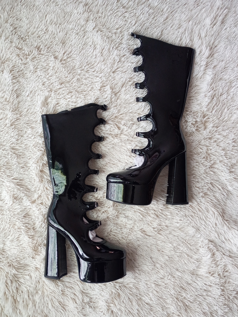 Women's Patent Black Scallop Platform Heeled Boots